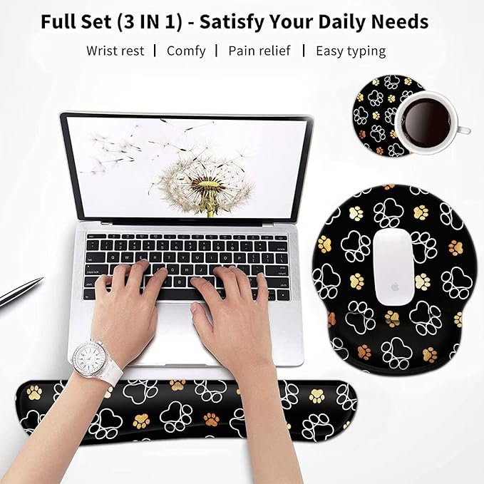 Keyboard Wrist Rest and Mouse Pad with Wrist Support, Ergonomic Gel Mouse Pad Coaster for Easy Typing Pain Relief, Memory Foam Keyboard Mousepad Set,Cute Dog Paw Prints Gold White