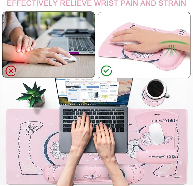 MEGREZ 4-in-1 Ergonomic Memory Foam Wrist Rest Set, Desk Pad, Mouse Pad with Wrist Rest, Keyboard Pad, Suitable for Office Workers, Programmers & Gamers–Relieve Typing & Gaming Fatigue,