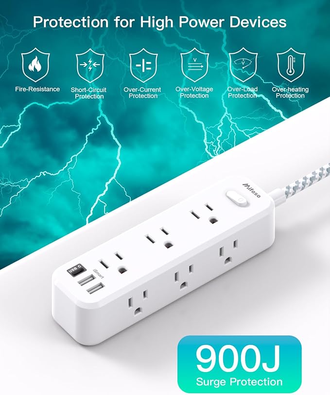 Mifaso Extension Cord, Surge Protector Power Strip, Long Power Strip with 9 Outlets 3 USB Ports, Extension Cord with Multiple Outlets, USB Power Strip for Dorm Room Essentials, College(10FT, White)