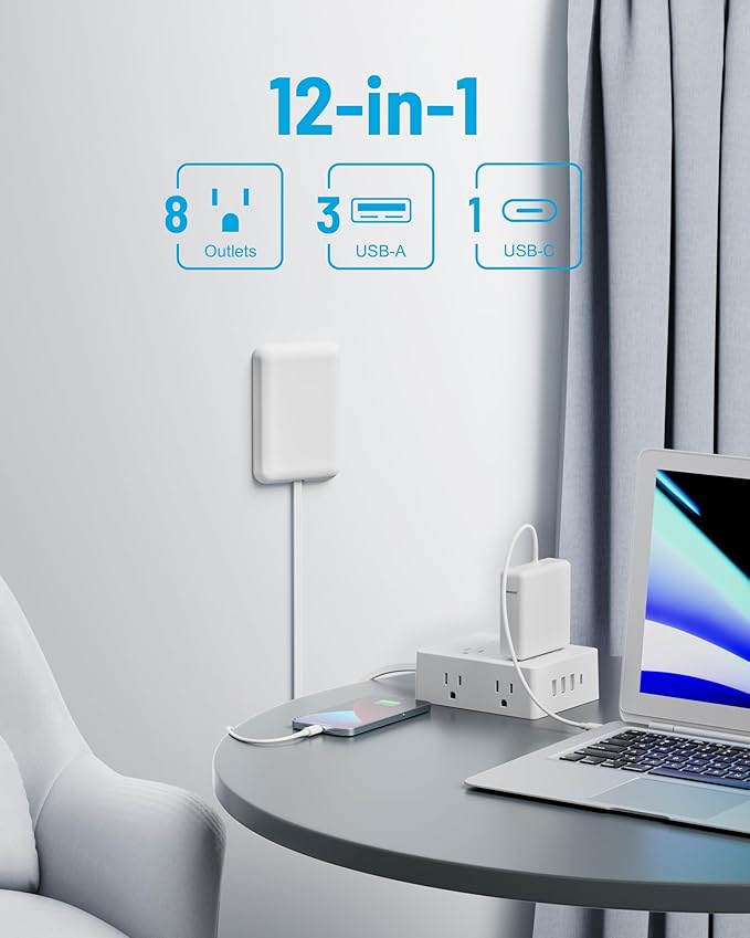 Flat Extension Cord with Outlet Cover, Olcorife Flat Plug Power Strip with 8 Outlets and 4 USB Ports, 2000 Joules Surge Protector, 3 FT Cord Hidden Outlet Extender for Tight Spaces