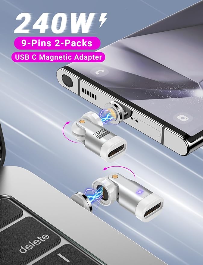 USB C Magnetic Adapter PD 240W(2Pack), 9PIN USB C 90 Degree Adapter/C Right Angle Adapters/180 Degree C Connector/C to C Adapters for 1Phone 17/16/15, Ma-Book Pro/1Pad Series, Samsung Galaxy Series