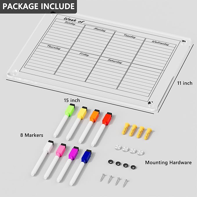 Acrylic Weekly Calendar Whiteboard for Wall, 15"x11" Small Clear Planner Dry Erase White Board for List, Kitchen, Planning, Memo