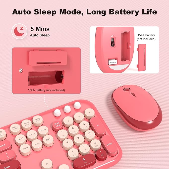 Wireless Keyboard Mouse Combo, Typewriter Full Size Keyboard with Number Pad and 2 in 1 USB Connected Mouse for Windows 7/8/10, Laptop, Desktop, PC, Computer