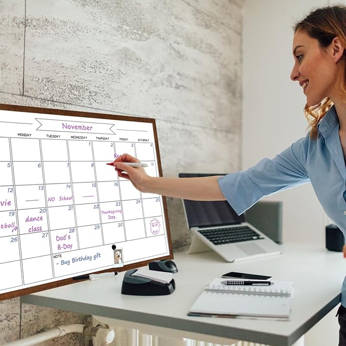 TORASO Dry Erase Monthly Calendar Whiteboard, Magnetic White Board for Wall, Office/School/Home, Solid Wood Frame Hanging Board for Decoration/Kitchen Grocery List，17.7"x 23.6"(YL-RB-4560-B)
