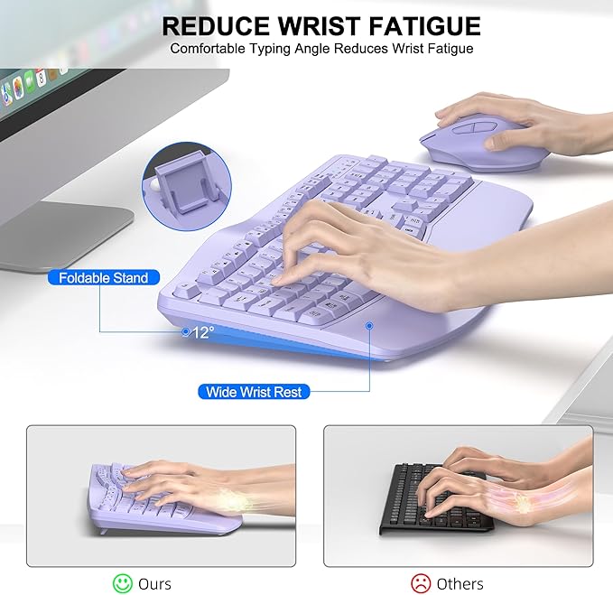 Wireless Keyboard and Mouse Combo, 2.4G Full Size Wave Keys Ergonomic Keyboard with Wrist Rest and 3-Level DPI Adjustable Wireless Ergonomic Mouse for Windows, Mac OS Desktop/Laptop/PC(Purple)