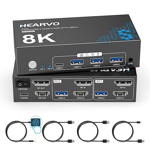 Hearvo HDMI DisplayPort KVM Switch 2 Monitors 2 Computers, 8K@60Hz Dual Monitor KVM Switcher with HDMI 2.1 & DisplayPort 1.4, USB 3.0 Hub,with Controller & 2 USB Cables & EDID Adaptive -7240PH2