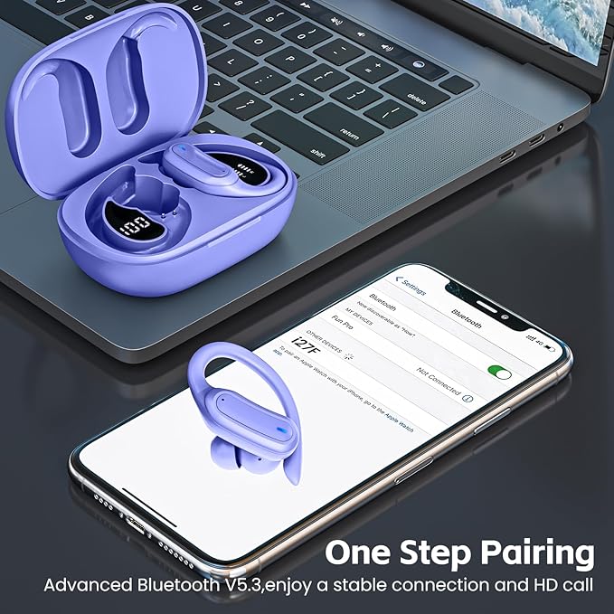 Wireless Earbuds, Bluetooth 5.4 Headphones, True Wireless Stereo Sound Earphones with Noise Cancelling Mic, Fast Charging, IPX7 Waterproof, Comfort Fit Ear Buds for Sports/Workouts/Travel (Purple)