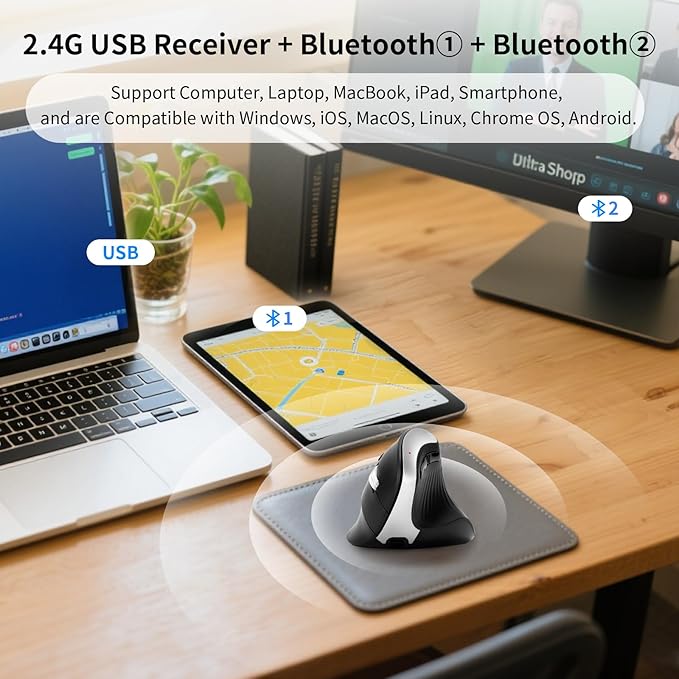 Wireless Ergonomic Vertical Mouse, Rechargeable Tri-Mode (Dual Bluetooth + 2.4G USB) Optical Mouse with Adjustable RGB Lighting, Multi-Device Control for Laptop, PC, Mac, iPad, Desktop (Black)