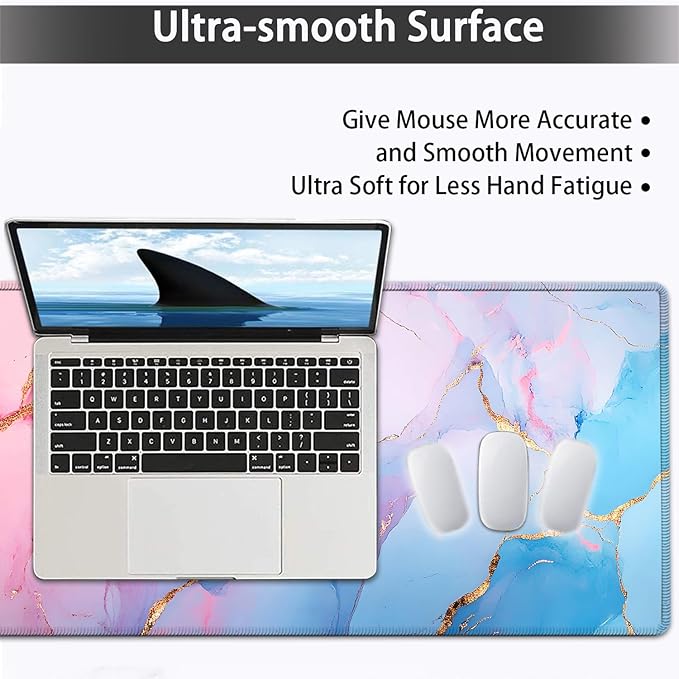 Large Mouse pad and Keyboard Support Set, Ergonomic Memory Foam Keyboard Wrist Rest, Extended Gaming Mouse Pad with Stitched Edges, Blue Pink Marble XXL Desk Mat (31.5 X 11.8 in)