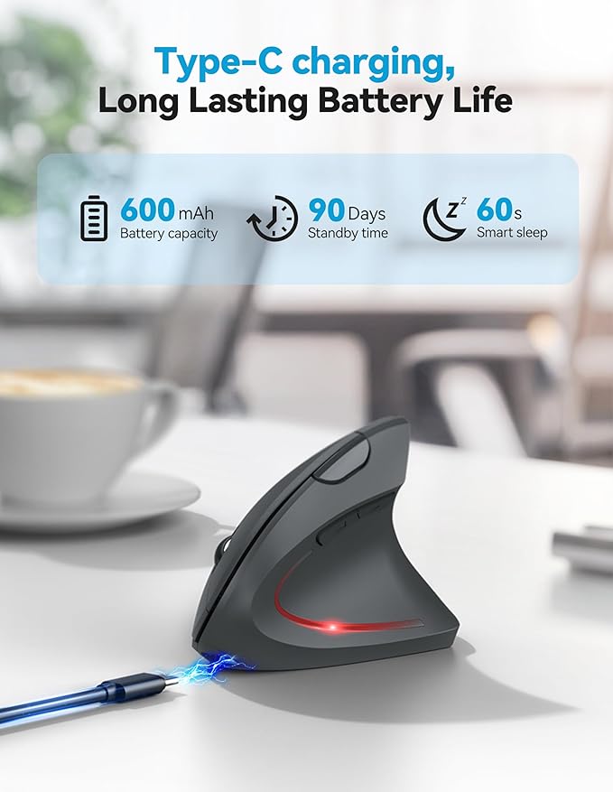 TECKNET Ergonomic Mouse, Rechargeable 2.4G+Bluetooth Vertical Mice 6 DPI Adjustable, Wireless Optical Carpal Tunnel Mouse Right Hand, Multi Device for Laptop, PC, Computer, MacBook, iPad - Grey