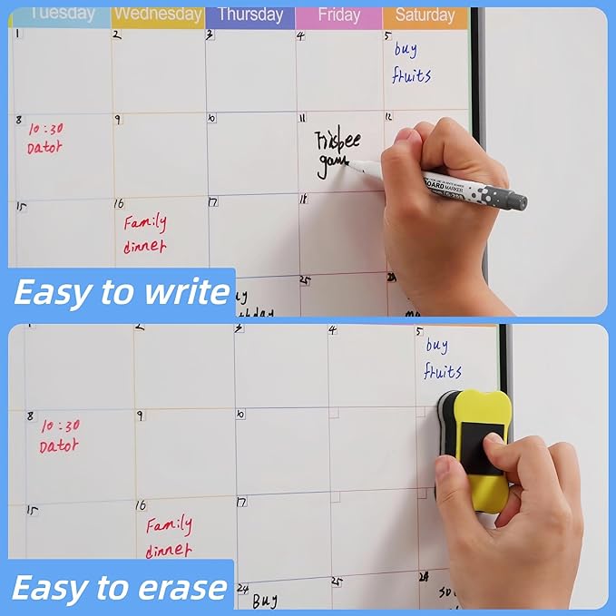 Magnetic Calendar Combo Set – 17x12” Magnetic Monthly & Weekly Dry Erase Calendar for Fridge, Family and Classroom Planning, Includes 3 Markers and Eraser