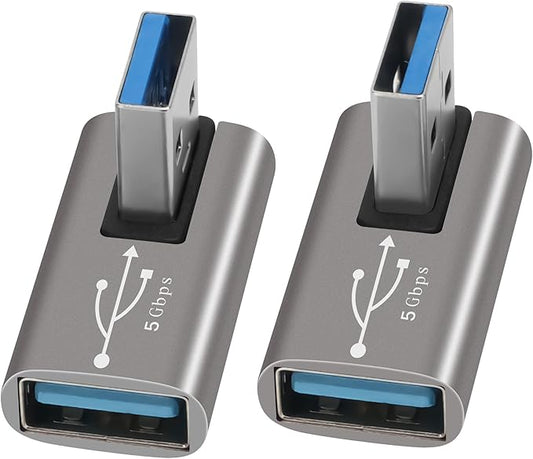 90 Degree USB 3.0 Adapter 2 Pack, Middle (Left and Right) Angle USB-A Male to Female Connector USB L Shape Extender, Support Charge & Data Sync for PC, Laptop, Mouse, Keyboard, USB A Car Charger