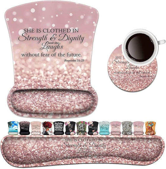 Keyboard Wrist Rest Pad and Ergonomic Mouse Pad Wrist Support Set Proverbs 31:25 Bible Verse Pink Design for Gaming, Office, Comfortable and Pain Relief with Coaster Set