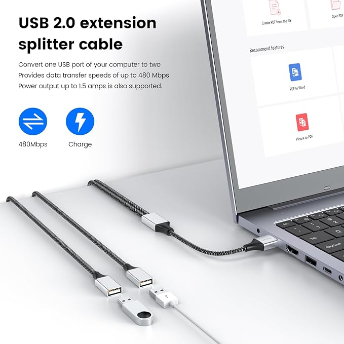 Durable USB A Male to 2 Female Extension Cord - Nylon Braided Splitter Cable for Printer, Keyboard, Flash Drive, Hard Drive, PlayStation