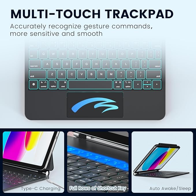 for iPad 11th(A16, 2025)/10th Generation Case with Keyboard, Magic Keyboard 2022, Springy Backlit Keys, Stain-Resistant Surface, Multi-Touch Trackpad,Black