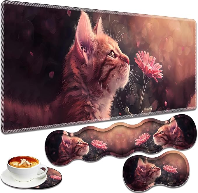 Large Gaming Mouse Pad + Keyboard Wrist Rest + Wrist Support + Coaster Set, Memory Foam Ergonomic for Easy Typing, XXL Extended Gaming Mouse Pad Table Pad - Kitten Daisy