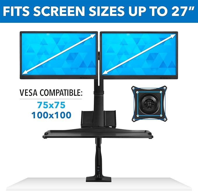 Mount-It! Dual Monitor Arm Desk Mount Sit-Stand Workstation with 2 USB 3.0 Ports, Height Adjustable 23.1–42.9”, Fits Two 17–27” Screens, 13.2 lbs Each, VESA 75x75 100x100, Clamp or Grommet