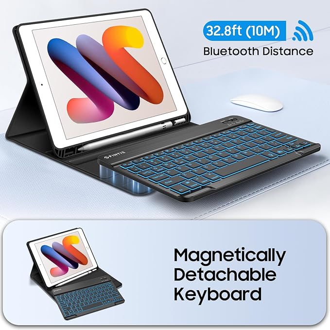 FINTIE Backlit Keyboard Case for iPad 9th / 8th / 7th Generation (2021/2020/2019) 10.2 Inch, Soft TPU Back Cover with 7 Colors Backlight Magnetically Detachable Bluetooth Keyboard, Black
