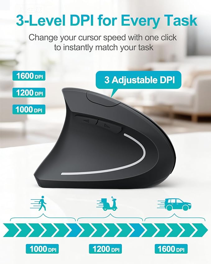 Lekvey Left Handed Ergonomic Mouse, Vertical Wireless Mouse for Left Hand, 2.4G USB Carpal Tunnel Lefty Mouse, 3 Adjustable DPI, 6 Buttons, for Laptop, PC, Computer, Mac, Windows, Desktop - Black
