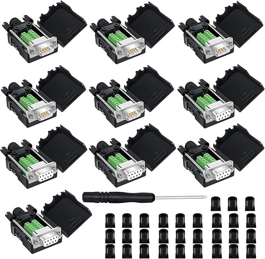 DB9 Breakout Connector, Male 9 pin RS232 connectors, Solderless D-SUB RS485 Serial Adapter Module Board with Screw Terminals, Case, Long Bolts (5PCS Female+5PCS Male White)