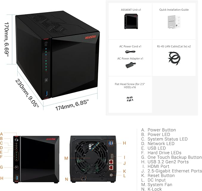 Asustor AS5404T, 4 Bay NAS, Intel Quad-Core 2.0GHz CPU, 4X M.2 NVMe SSD Slots, 2 x 2.5 GbE Ports, 4 GB DDR4 RAM, Cloud Storage for Gaming and Live Stream, Network Attached Storage (Diskless)