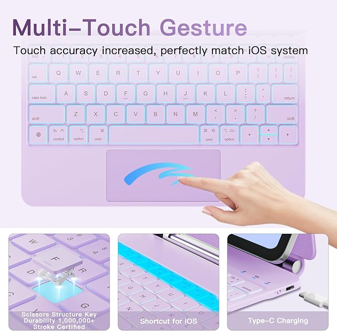 for iPad Air 11 inch Case with Keyboard (M4/M3/M2, 2026/2025/2024), iPad Pro 11 (4th/3rd/2nd/1st Gen) & Air 5/4th Magic Keyboard Case, 11 Colors Backlit, Multi-Touch Trackpad, Purple