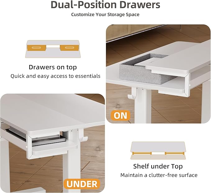 Seang Electric Standing Desk with 2 Drawers, Adjustable Standing Desk with Storage Shelf, Height Adjustable Stand up Desk for Home Office with 3 Presets & 2 Hooks, 55 Inch, White