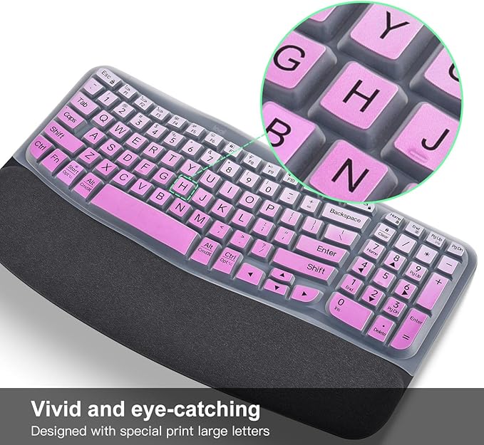 Large Print Keyboard Cover Skin for Logitech Wave Keys MK670 Combo Keyboard Skin, Logitech Wave Keys Wireless Ergonomic Keyboard Cover Protector Skin Accessories, Ombre Purple