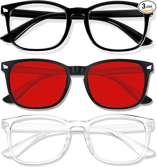 Red Lens Glasses Blue Light Glasses Men Women - 99.9% Blue Green Blocking for Computer, Gaming, TV, Phone Screens - 3 Pair
