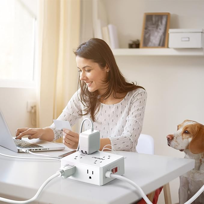 Surge Protector Power Strip - 15 Ft Flat Plug Extension Cord with 8 Widely Outlets and 4 USB Ports(1 USB C), 3 Side Outlet Extender for Home Office, White, ETL Listed