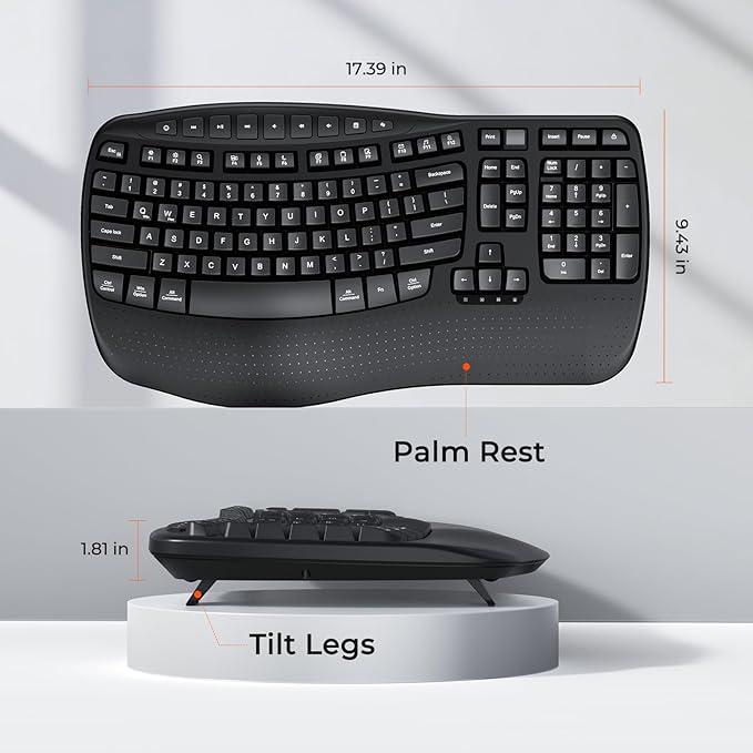 MEETION Wireless Ergonomic Keyboard, Wave Keys Wrist Rest for Natural Typing, 2.4G USB-A Cordless Receiver and USB-C Adapter, Ergo Computer Keyboard Compatible with Windows/Mac/PC/Laptop, Black