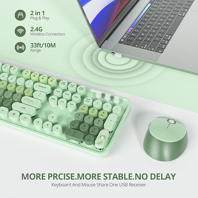 Cute Green Keyboard and Mouse Combo Wireless, 2.4G Full Size 104-Key Retro Typewriter Keyboards Round Keys for Students Teenagers Home Office PC Laptop(Light Green)