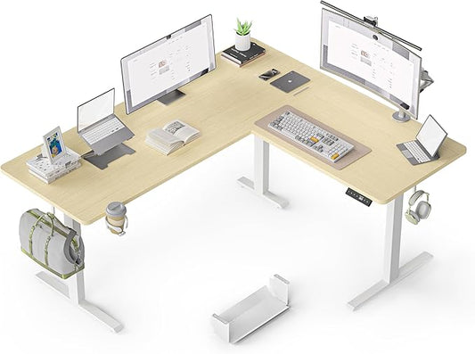 63 Inches Reversible L Shaped Standing Desk for Home Office, Electric Height Adjustable Corner Computer Desk, Sit Stand up Table with Cup Holder, Ergonomic Gaming Desk, Oak