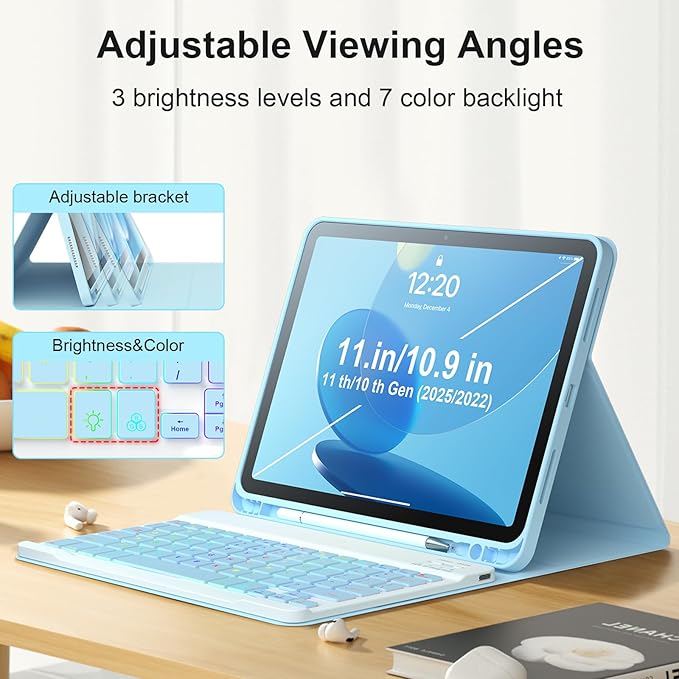 iPad 11th 10th Generation Case with Keyboard 10.9 Inch 2022 Detachable Wireless 7Colors Backlight Keyboard Case with Pencil Holder for and Magnetic Disc Universal Stylus Pen