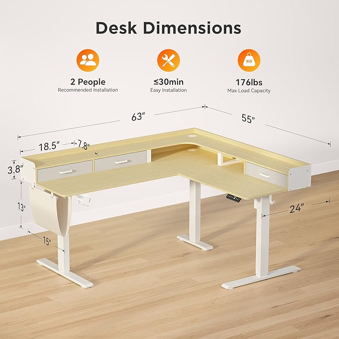 63 Inches Height Adjustable L Shaped Standing Desk with 3 Drawers and Monitor Shelf, Electric Sit to Stand Home Office Comupter Table, Ergonomic Corner Gaming Desk, Oak