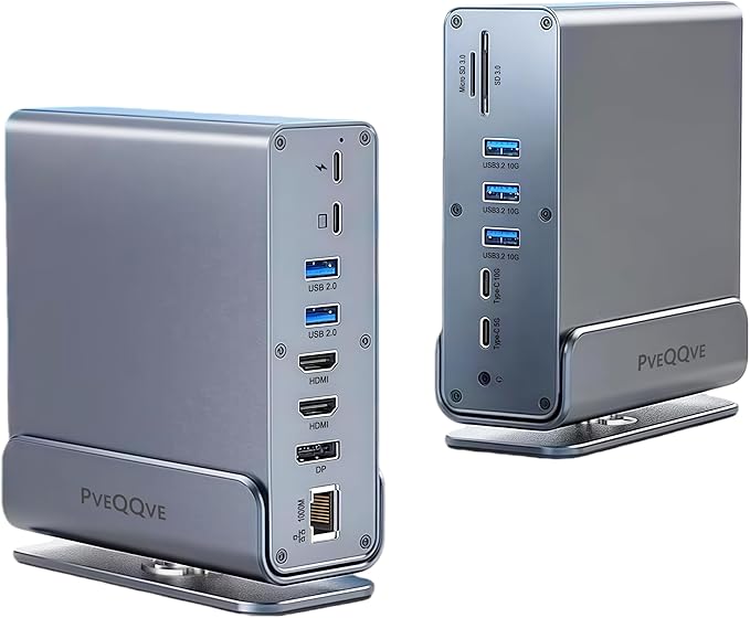 【15-in-1 USB C Hub & Vertical Docking Station 3 Monitors】 Dual Monitor 2 HDMI and Triple Monitor Includes DP,10Gbps USB 3.2, SD/TF, Gigabit Ethernet -for Dell/HP/Lenovo, MacBook/Surface,Phone ect.