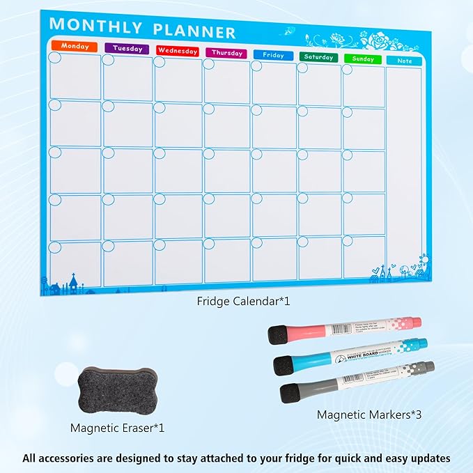 Magnetic Calendar for Refrigerator, 17×12" Fridge Calendar Whiteboard Calendar with Markers and Eraser, Monthly Dry Erase Family Planner with Side Notes for Lists, To-Do Tasks Monday Start