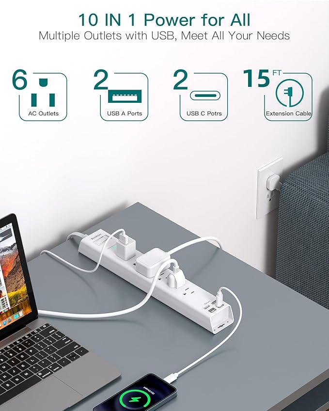 Surge Protector Power Strip 15ft, Addtam 6 AC Outlets 4USB (2 USB C) Ports, Flat Plug with Long Extension Cord, Desktop Charging Station, Wall Mountable for Home, Office, Dorm Essentials, ETL Listed
