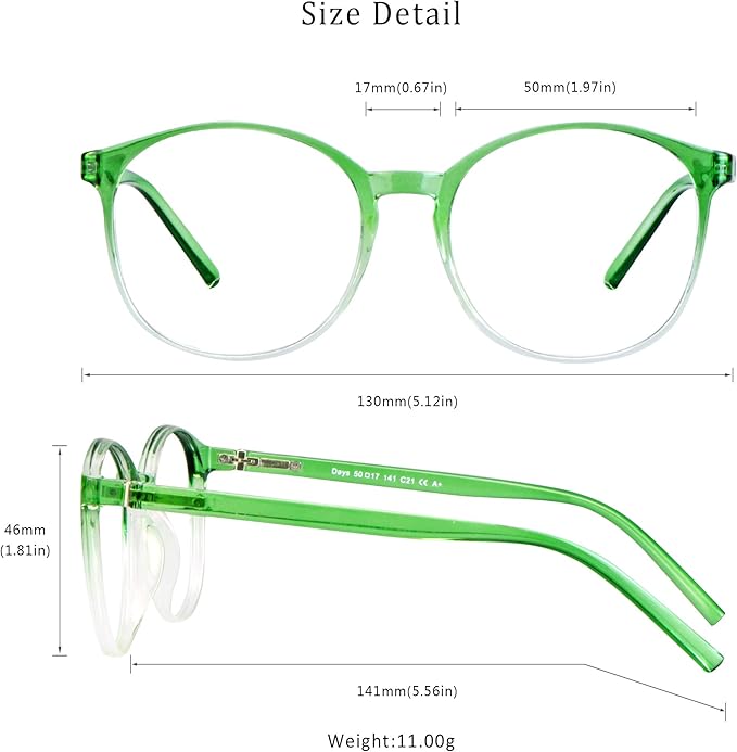 LifeArt Round Blue Light Blocking Glasses, Computer Glasses, Gaming Glasses, TV Glasses for Women Men (Clear Green, 0.75 Magnification)