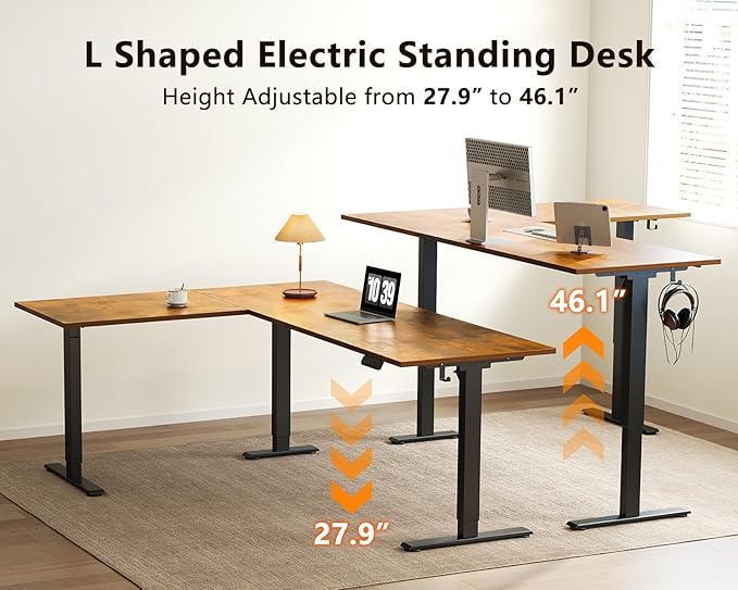 Casaottima 71 Inch Reversible Electric L Shaped Standing Desk, Height Adjustable Corner Stand up Desk, Ergonomic Large Lift Table for Home, Office, Workstation, Reception Room, Rustic Brown