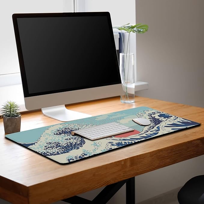Extra Large Mouse Pad Blue XXL Mousepad, Big Mouse Pads Office Desk Mats, Desk Pad Mat Waterproof Non-Slip Rubber Base, 35.4 X 15.7 inch for Work/Game/Office/Home Japanese Great Wave Art