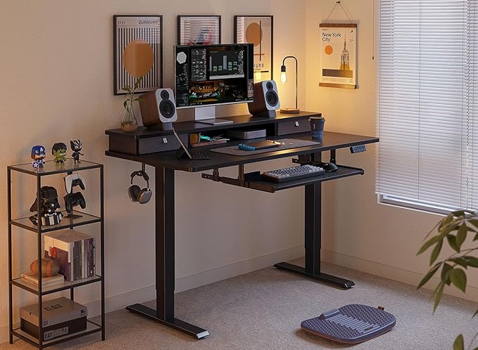 FEZIBO Standing Desk with Drawers and Keyboard Tray, 48"×24" Electric Height Adjustable Table with Monitor Shelf, Computer Home Office Sit and Stand up Workstation, Black