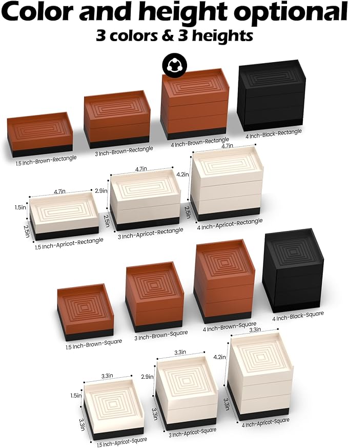 Furniture Risers, Tclouda Bed/Sofa/Desk/Table/Chair Leg/Fridge Lifts to 1.5, 3 and 4 in, Rectangle Adjustable Risers Blocks for Extenders, Heavy Duty Supports Up to 1300 Lbs, 4 in-Brown-Rectangle