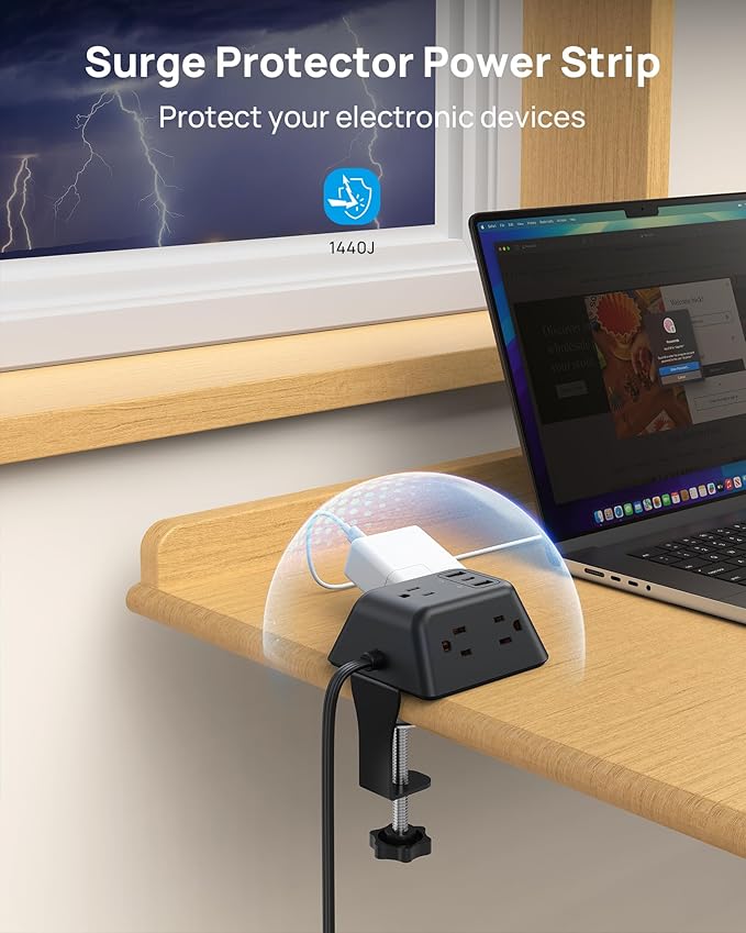 Desk Clamp Power Strip, Surge Protector with 5 AC Outlets and 3 USB Ports, Desk Mount Charging Station, Fit 1.97in Tabletop Edge Thick, Extension Cord 10FT for Home Office Gaming Accessories, Black