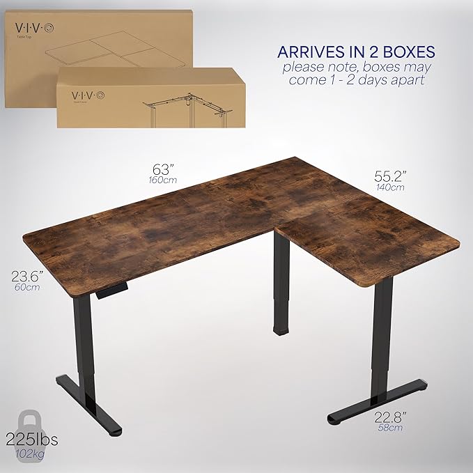 VIVO Corner Standing Desk, 63 x 55 inch Reversible L-Shaped Workstation, Electric Height Adjustment, Home, Office, and Reception Rooms, Rustic Vintage Brown Table Top Black Frame, DESK-E3CTN