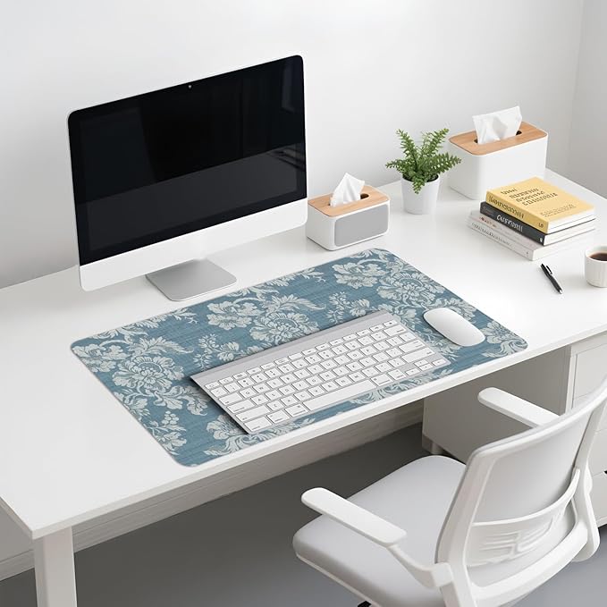 Blue Chinoiserie Mouse Pad,Vintage Blue and White Floral Desk Mat,Big Large Vintage Floral Preppy Trendy Mouse Pad,Girly Gaming Mousepad,Girly Laptop Desk Mat for Dorm Home Office,23.6x11.8 In