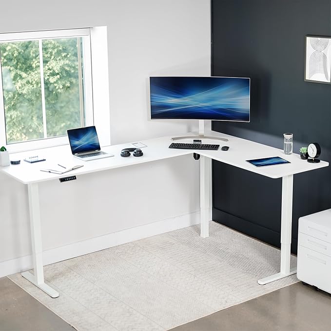 VIVO Corner Standing Desk, 84 x 63 inch Reversible L-Shaped Workstation, Electric Height Adjustment, Home, Office, and Reception Rooms, White Table Top White Frame, DESK-E3CTWW-84