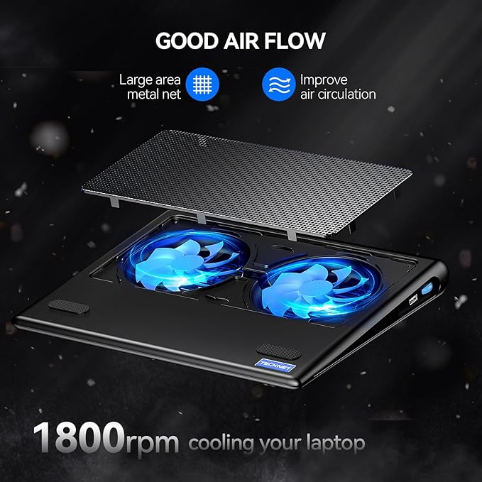 TECKNET Laptop Cooling Pad - 12"-15.6" Laptops Cooler, Powerful Cooler and Ultra Quiet for Gaming Laptops Pad, 2 Wind Speed Adjustable, USB A & C Powered Cooler Stand with Laptop Fan LED (Blue)