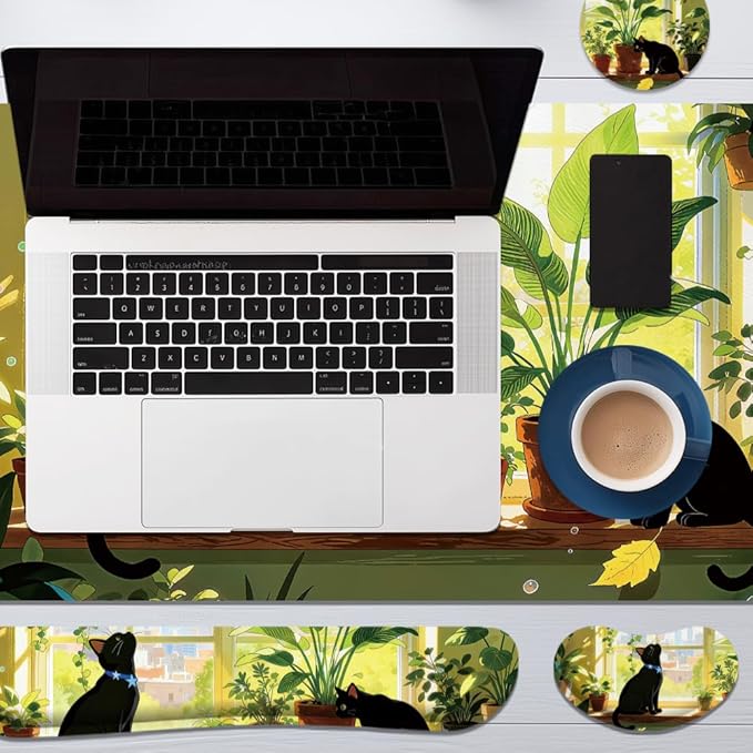 4 in 1 Large Keyboard Wrist Rest Pad, Ergonomic Wrist Rest Set, Cup Coaster, Extended Desk Mat for Home Game Office Desk Decor Accessories(Plant&Cat Pattern)