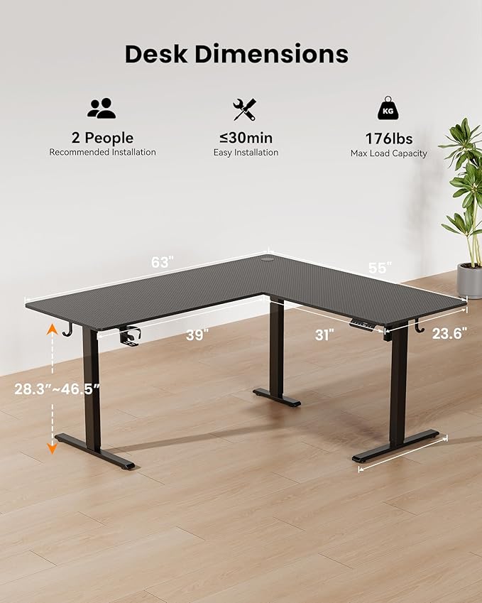 63 Inches Reversible L Shaped Standing Desk for Home Office, Electric Height Adjustable Corner Computer Desk, Sit Stand up Table with Cup Holder, Ergonomic Gaming Desk, Black